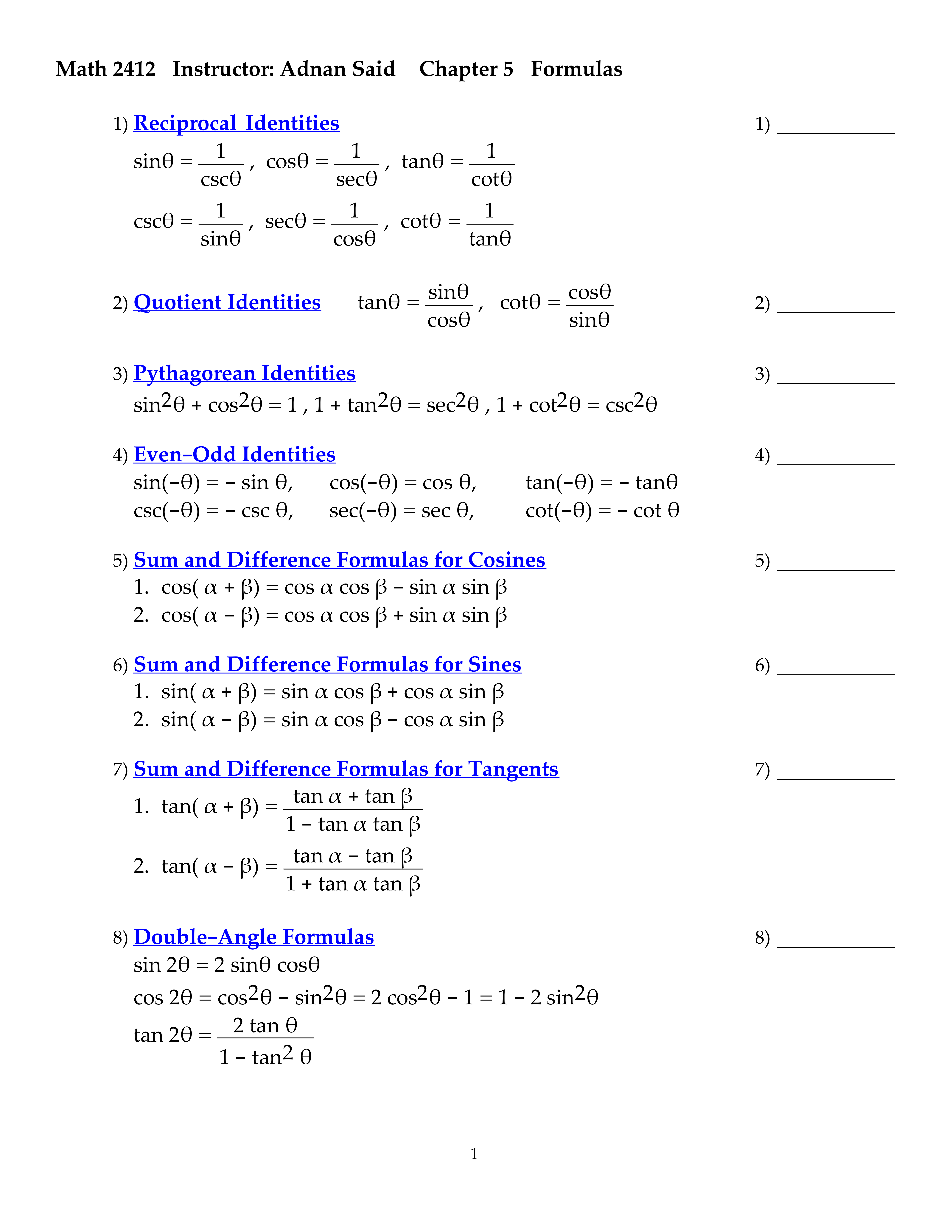 Ch5 Formula Sheet